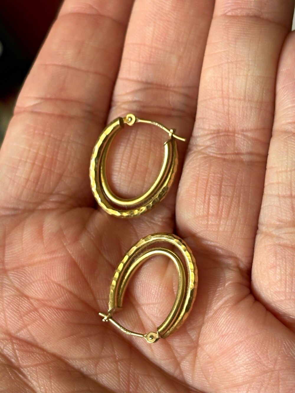 14K Yellow Gold Hoop Earrings Double Oval Latch Back Closure Vintage - 1.33g